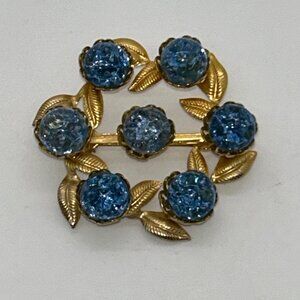 Vintage Gold-Tone Brooch With Blue Crackle Glass Stones & Leaf Design Rivet Set